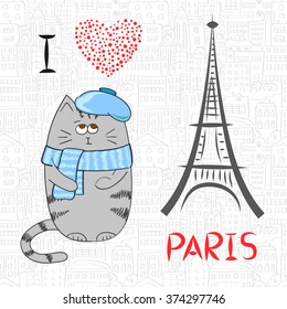 Love in Paris doodle vector illustration with cute cat.
