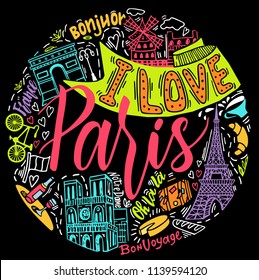 I LOVE Paris doodles. Paris doodle set. Popular French landmarks, food and attractions. Vector illustration isolated on white background. Typography, t-shirt graphics.