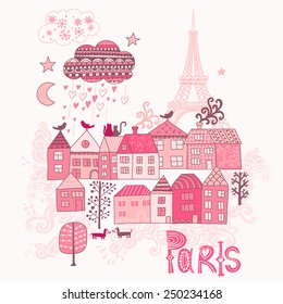 Love in Paris doodles. Street in old town graphic illustration