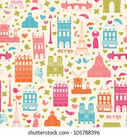 Love Paris, doodles symbols of Paris. Endless pattern. Can be used for wallpaper, pattern fills, web page background, surface textures, fabric design.