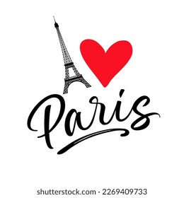 Me encanta París, las letras de vector dibujadas a mano y la Torre Eiffel. París, letras de tinta para camisetas o ropa. Grabado de pincel de caligrafía vectorial moderno. Elemento de diseño aislado en fondo blanco