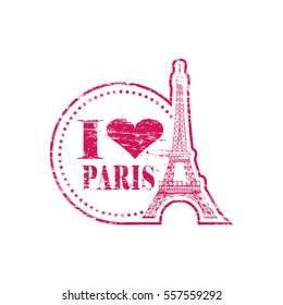I love Paris heart with Eiffel Tower grungy rubber stamp illustration