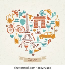 I love Paris. Heart shaped pattern in French theme. Symbols of Paris and France. Flat icons. Great for print on t-shirt, bag or any souvenir.