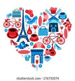 Love Paris heart symbol with icons set isolated vector illustration