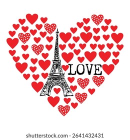 Love in paris with a heartfelt romantic design featuring the eiffel tower and red hearts for valentine's day in france