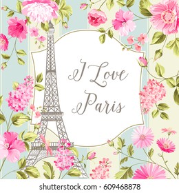 I love Paris invitation card. Eiffel tower and spring flowers pattern. Tulip bouquet over tile background. Vector illustration.