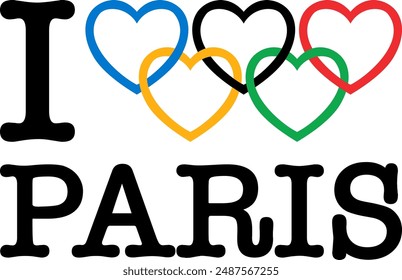 I Love Paris With Olympic Rings on White Background. I Heart Paris. Olympic Games 2024. Vector Illustration. Text Black With Five-Coloured Rings. Perfect For Graphic Shirt, Gift Paper, Packaging, etc.