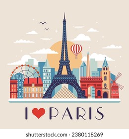 I love Paris postcard with France capital skyline with famous architectural landmarks and french houses. Retro Paris illustration with popular monuments and tourist symbols.