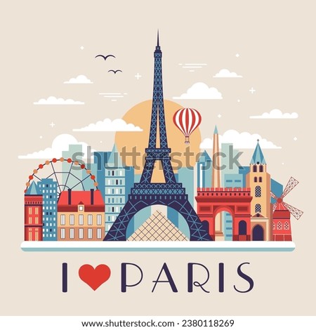 I love Paris postcard with France capital skyline with famous architectural landmarks and french houses. Retro Paris illustration with popular monuments and tourist symbols.