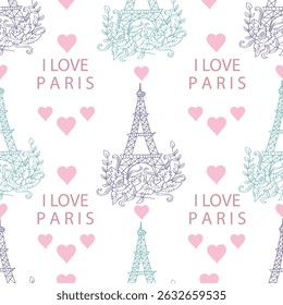 I love Paris seamless pattern with eiffel tower and hearts