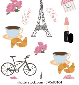Love to Paris seamless pattern with landmarks. Vector illustration
