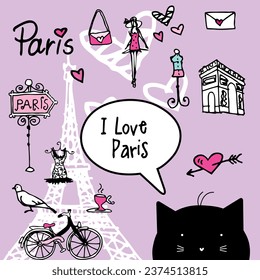 Love Paris. Symbols doodle. Stickers. Handdrawn Illustrations. Background. 