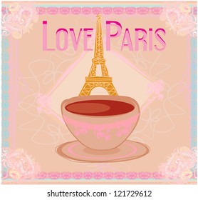  love Paris with tower Eiffel and coffee over pink background. vector illustration