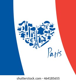 I Love Paris. Traditional French national set of icons in form of heart. Eiffel Tower and croissant. French flag and map. Wine and cheese. Fashion and baguette. Dorblu with mold and euro symbol