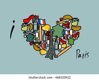 I Love Paris. Traditional French national set of icons in form of heart. Eiffel Tower and croissant. French flag and map. Wine and cheese. Fashion and baguette. Dorblu with mold and euro symbol