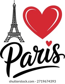 Me encanta la tipografía de París con la Torre Eiffel y el corazón, diseño de viajes románticos