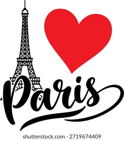 Me encanta la tipografía de París con la Torre Eiffel y el corazón rojo, arte romántico de viajes