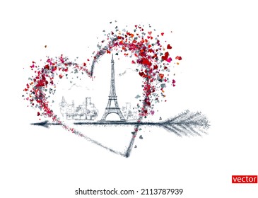 I love Paris. Valentine's Day рostcard. Heart with silhouette of Paris. People's favorite city. City of lovers. Paris is forever in my heart. Poster with Paris. Interior poster. Icon. Vector