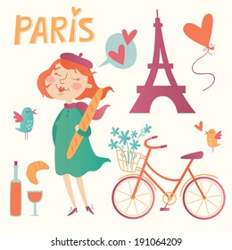 Love Paris vector set. Illustration of cute french girl holding a baguette, eiffel tower and bicycle.