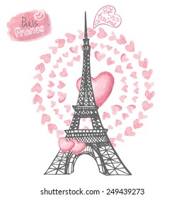 Love in Paris.Card with Eiffel tower,lettering,pink hearts wreath.Hand drawn doodle sketchy,watercolor decor.French words i love you.Vintage Vector illustration