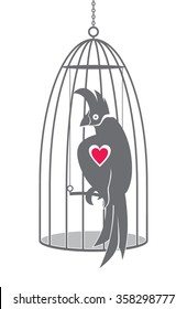 Love parrot in cage - vector silhouette illustration.