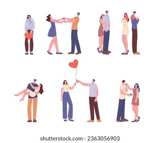 Love and parting couples. Broken heart, sad girl and happy couple. Different lovers, romantic characters in dreaming of relationships, kicky vector set
