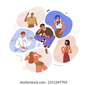 Love partner choice concept. Man choosing, finding girl couple for romantic relationship, searching, flirting with many women simultaneously. Flat vector illustration isolated on white background