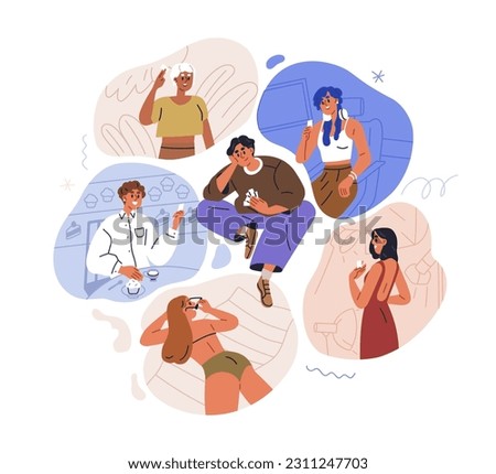 Love partner choice concept. Man choosing, finding girl couple for romantic relationship, searching, flirting with many women simultaneously. Flat vector illustration isolated on white background