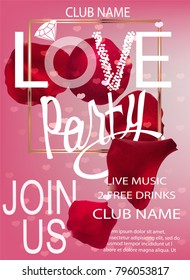 LOVE PARTY INVITATION BANNER WITH REALISTIC SCARLET ROSE PETALS AND GOLDEN FRAME. VECTOR ILLUSTRATION