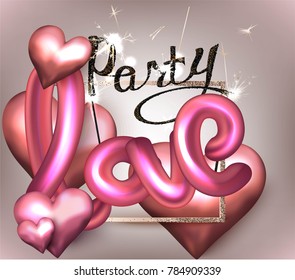 Love party invitation card with hearts, gold frame, sparkler and letters. Vector illustration