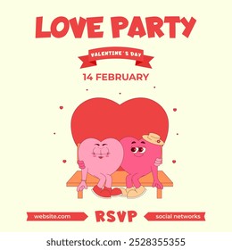 Love Party Invitation. Lovely and cute couple heart character on bench in retro groovy style. Valentines day, February 14. Vector illustration with text and quote