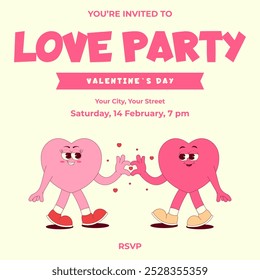 Love Party Invitation. Lovely and cute couple heart character in retro groovy style. Valentines day, February 14. Vector illustration with text