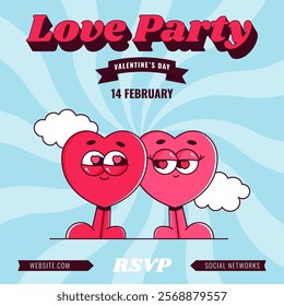 Love Party Invitation. Lovely and cute couple heart character in retro groovy style. Valentines day, February 14. Vector illustration with text and quote