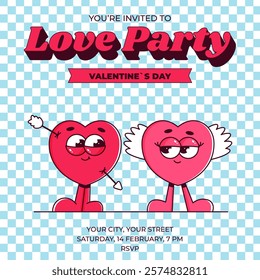 Love Party Invitation. Lovely and cute couple heart character in retro groovy style. Valentines day, February 14. Vector illustration with text and quote