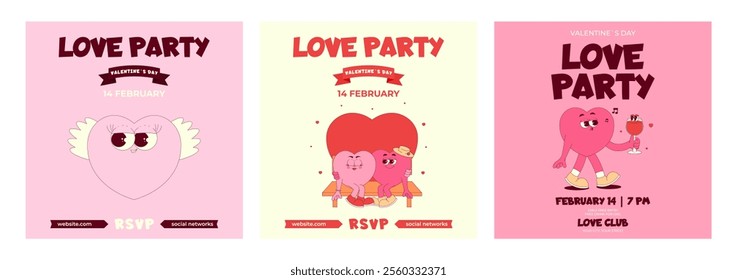 Love Party Invitation set. Lovely and cute couple heart characters in retro groovy style. Valentines day, February 14. Vector illustration with text