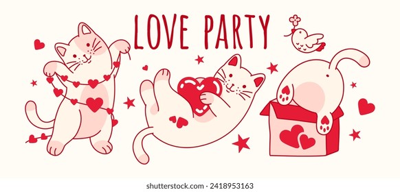 Love party with lovely kittens and red hearts. Fun doodle girly vector print for t shirt, sleepwear. Pajama's party design. Little cute cats doing funny cat things.
