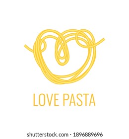 Love pasta icon, logo, sign. Spaghetti heart symbol with text on white background. Italian food menu template. Vector illustration