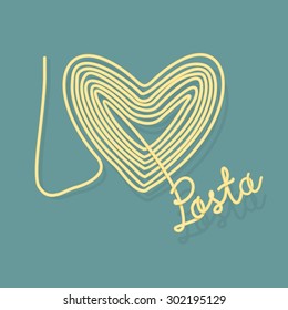 I love pasta. Spaghetti as a symbol of heart. Vector illustration food.