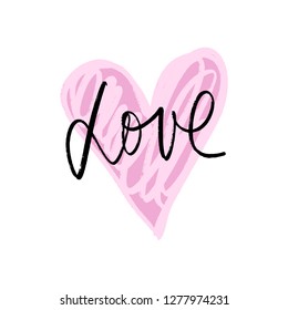 Love pastel postcard, lettering text with heart background. Valentine's day holiday. Handdrawn clipart