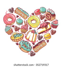 Love pastry sweets vector bakery products desserts heart with donut, cupcake, chocolate, macaroon, eclair, pie, cheesecake, muffin, candies, jelly, cookies