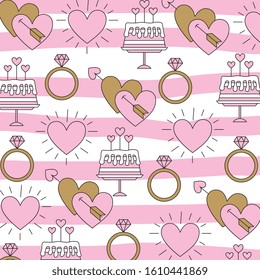 love pattern with arrows hearts cake and ring with diamond. vector design