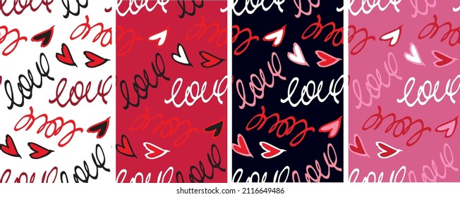 Love pattern background. Happy Valentine's Day - Love you - Kiss you - lettering hand drawn doodle label. 
