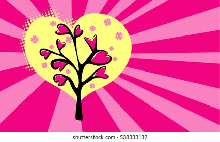 Love pattern background with retro style rays. Valentine blooming tree with flowers from hearts. Pink rose colors. Vector illustration.