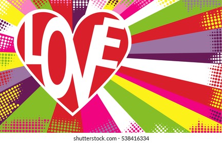 Love pattern background with retro style colors rays and red heart. Valentine vintage colorful retro card. Vector illustration.