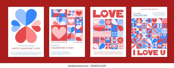 Love pattern. Card heart geometry, minimalistic style. Mosaic of Valentines Day. 14 February poster collection. Flyer with romantic typography. Pink elements modern design. Vector garish background