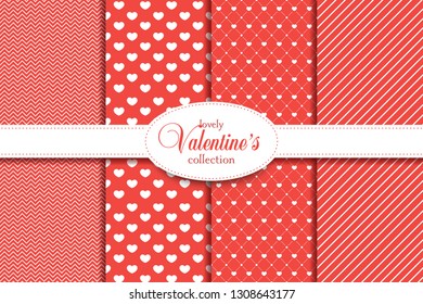 Love pattern. Collection of 4 elegant red seamless patterns on the theme of romance and love. Valentine's day pattern with heart. Christmass love gift pattern