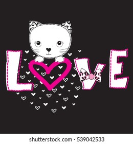 love pattern with cute cat on black background, T-shirt design for kids vector illustration