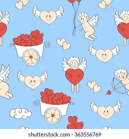 Love pattern. Cute cupid and hearts. Romantic seamless background. 