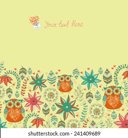 Love pattern with flowers, post letters, hearts and owls. Love mail. Owl texture. Flowers vector illustration. Beautiful card.