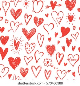 Love pattern with hand drawn doodle hearts. Valentines Day design. Red and white colors.